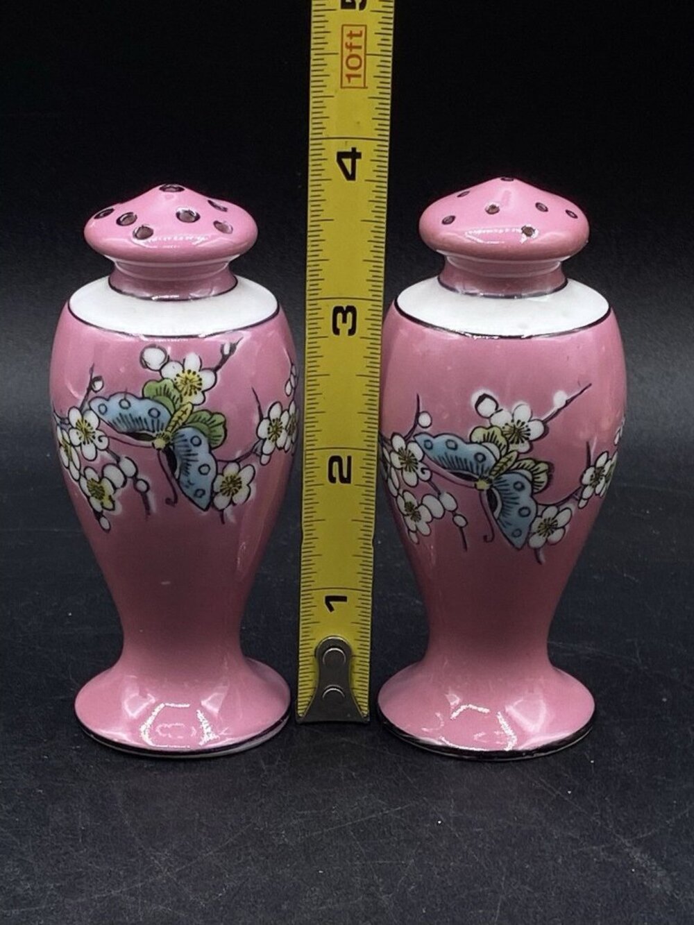 Salt & Pepper Shakers Japan Butterfly Pink Art Nouveau Cherry Blossom Porcelain - Picture 2 of 11